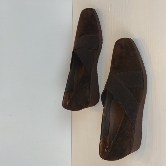 Munro American Zena Brwn Suede Slip-On Walking Wedge Black Elastic Crossing Gore - Picture 5 of 16